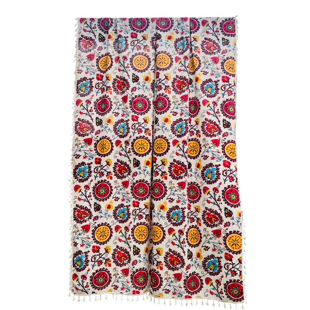 Suzani Style Curtains Cotton Blend Floral Boho Tassel Fringe 56x84 (4 panels)